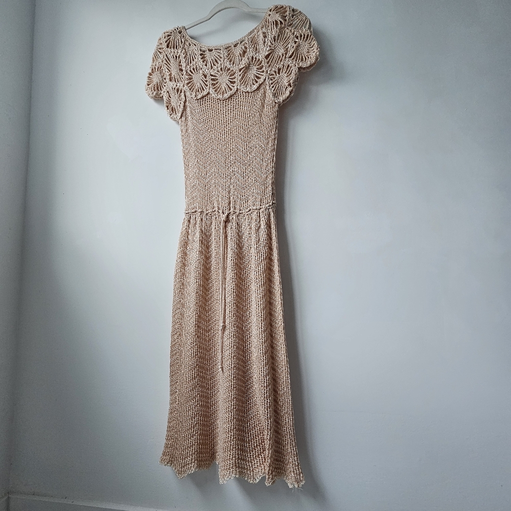 Vintage Oscar Handmade Crochet Peach And Ivory Open Weave Smocked Knee Dress